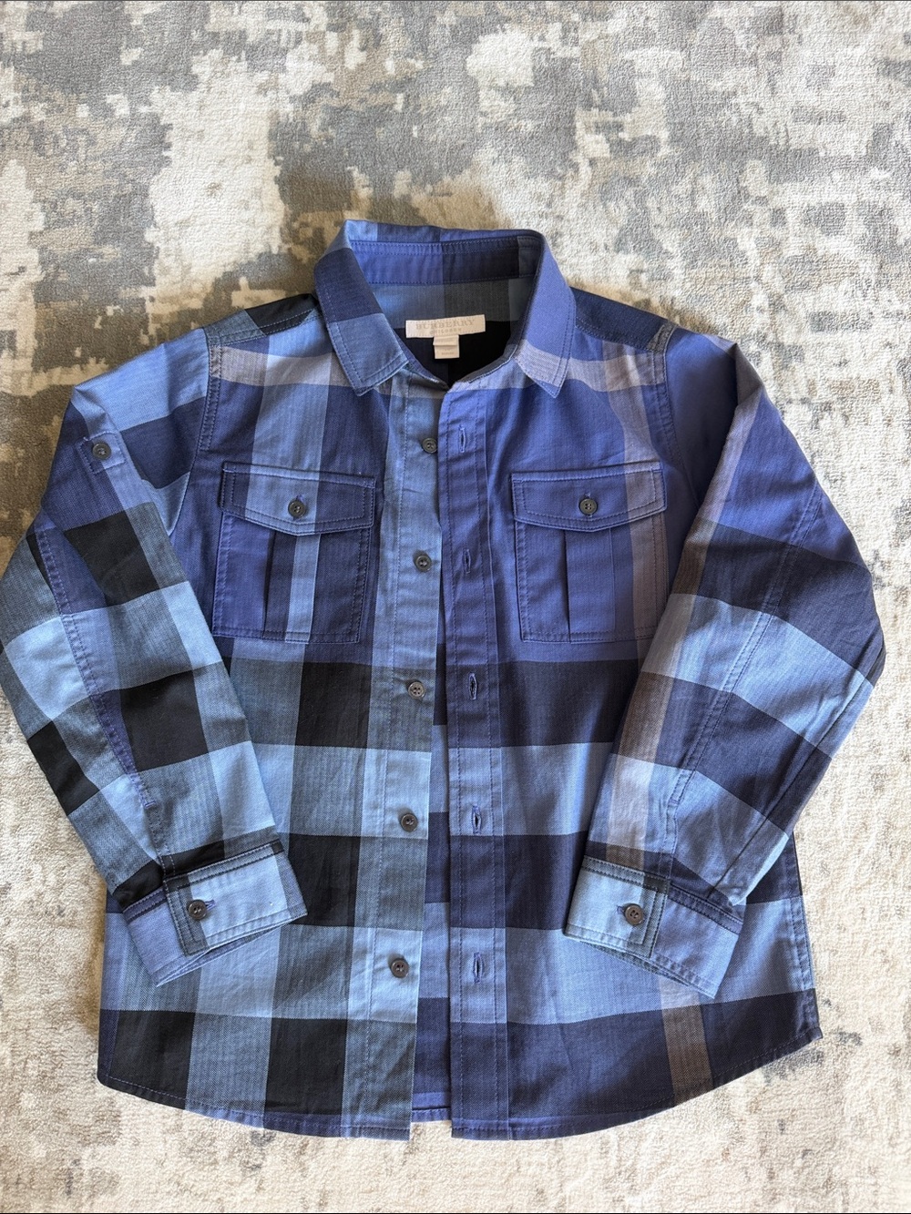 Boy Burberry Blue Multi-Tone Plaid Button-Down Shirt, size 7